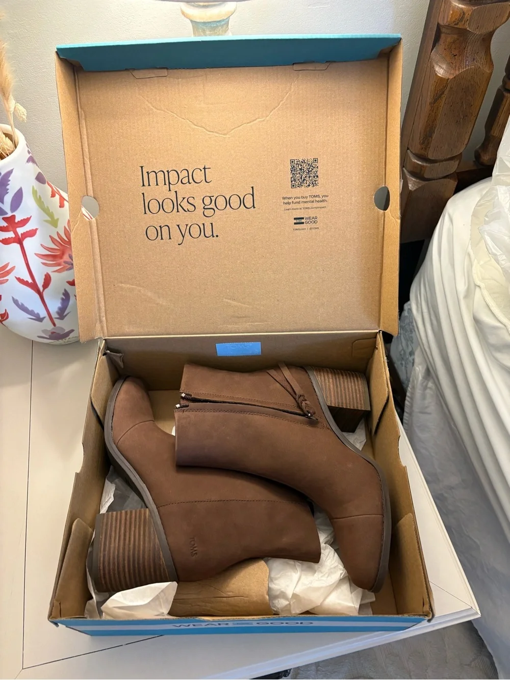 Toms Brown Faux-Suede Ankle Booties with Stacked Heel